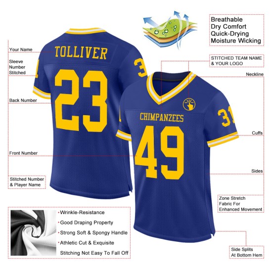 Maillot de football authentique personnalisé en maille, couleur or royal et blanc