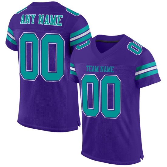Maillot de football personnalisé authentique violet en maille Aqua-Blanc Maillot de football personnalisé authentique violet en maille Aqua-Blanc