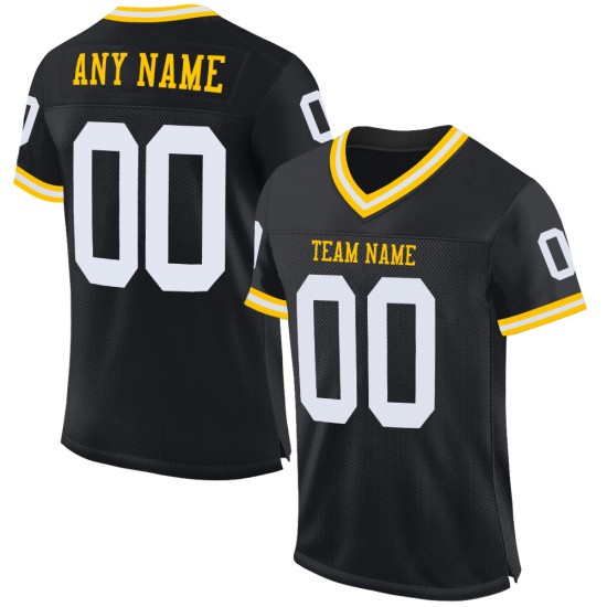 Maillot de football personnalisé en maille noire authentique blanc-or