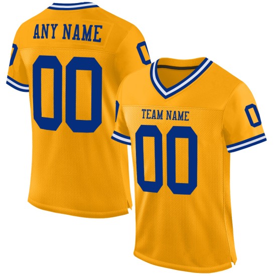 Maillot de football personnalisé authentique en maille Royal-White Gold Maillot de football personnalisé authentique en maille Royal-White Gold