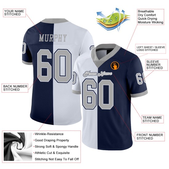 Maillot de football personnalisé bleu marine fendu gris-blanc en maille tendance Maillot de football personnalisé bleu marine fendu gris-blanc en maille tendance
