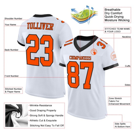 Maillot de football personnalisé blanc orange-noir en maille authentique Maillot de football personnalisé blanc orange-noir en maille authentique