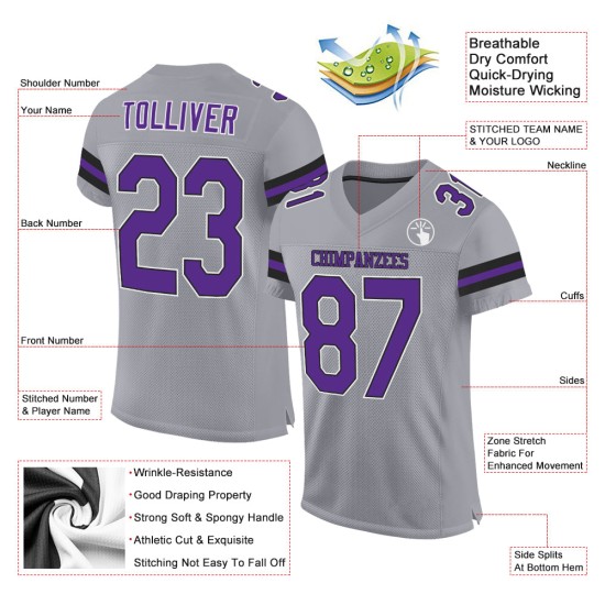 Maillot de football gris léger personnalisé, violet et noir authentique
