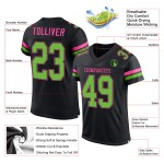 Maillot de football personnalisé néon vert-rose en maille noire authentique Maillot de football personnalisé néon vert-rose en maille noire authentique