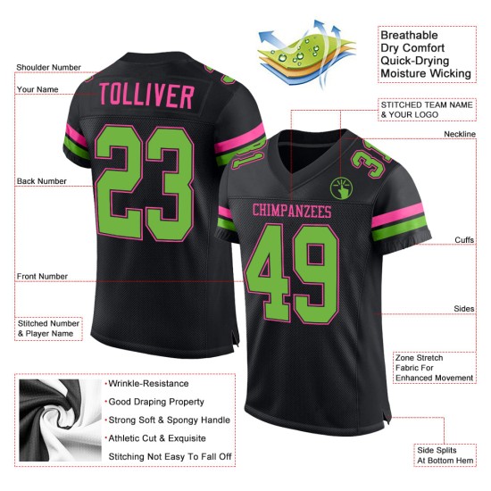 Maillot de football personnalisé néon vert-rose en maille noire authentique Maillot de football personnalisé néon vert-rose en maille noire authentique