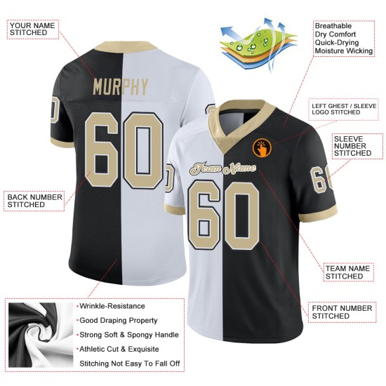Maillot de football personnalisé Vegas Split Mesh Fashion, or et blanc, noir Maillot de football personnalisé Vegas Split Mesh Fashion, or et blanc, noir