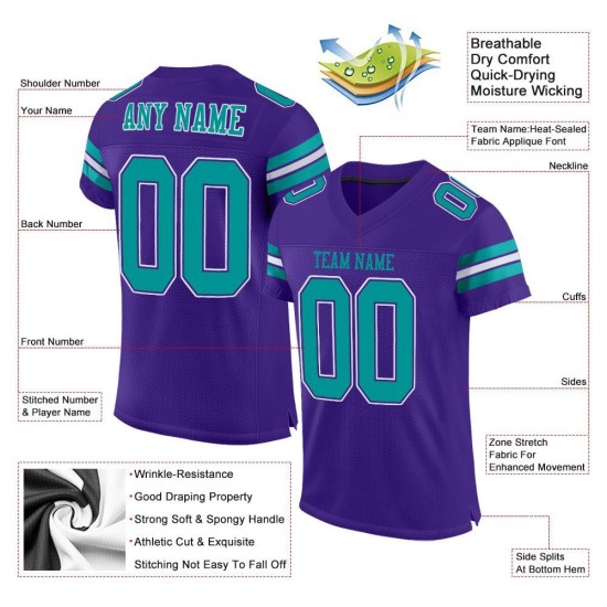 Maillot de football personnalisé authentique violet en maille Aqua-Blanc Maillot de football personnalisé authentique violet en maille Aqua-Blanc
