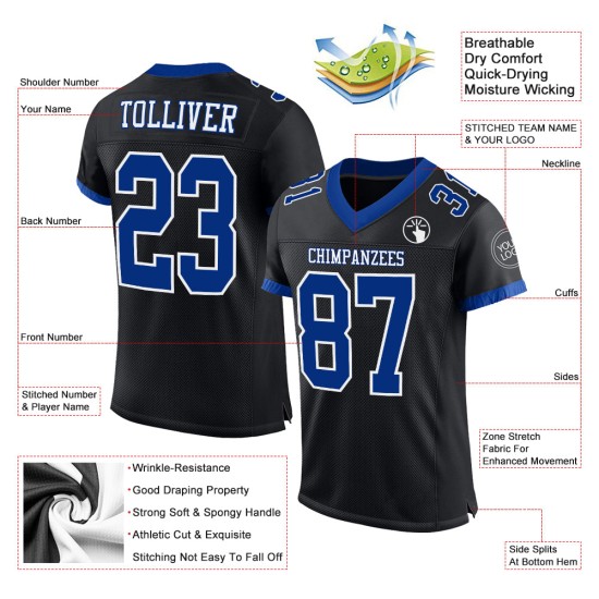 Maillot de football personnalisé en maille noire authentique, bleu royal et blanc Maillot de football personnalisé en maille noire authentique, bleu royal et blanc