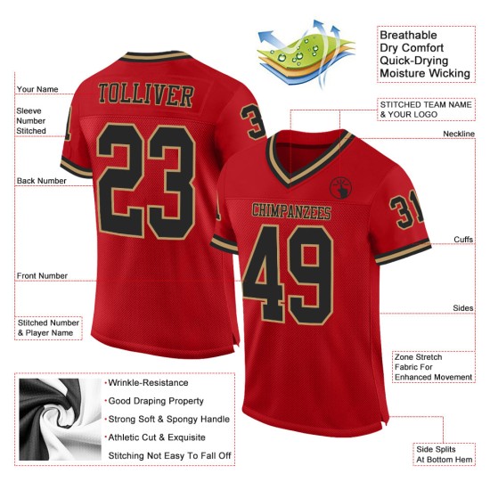 Maillot de football rétro authentique en maille dorée rouge et noir - Ancien modèle personnalisé Maillot de football rétro authentique en maille dorée rouge et noir - Ancien modèle personnalisé