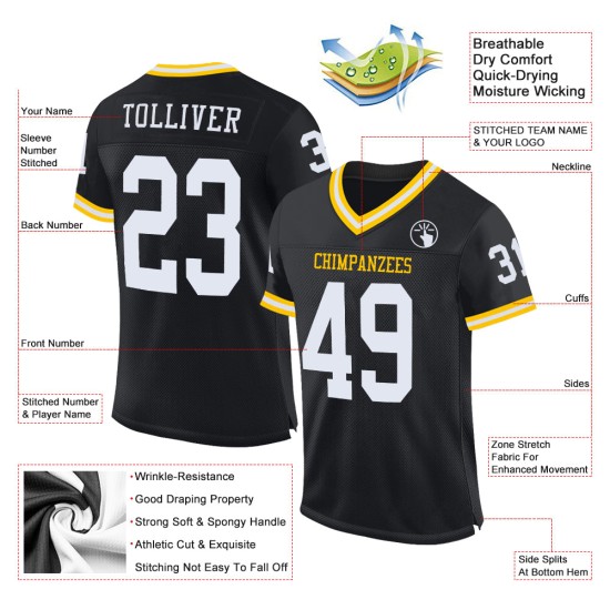 Maillot de football personnalisé en maille noire authentique blanc-or