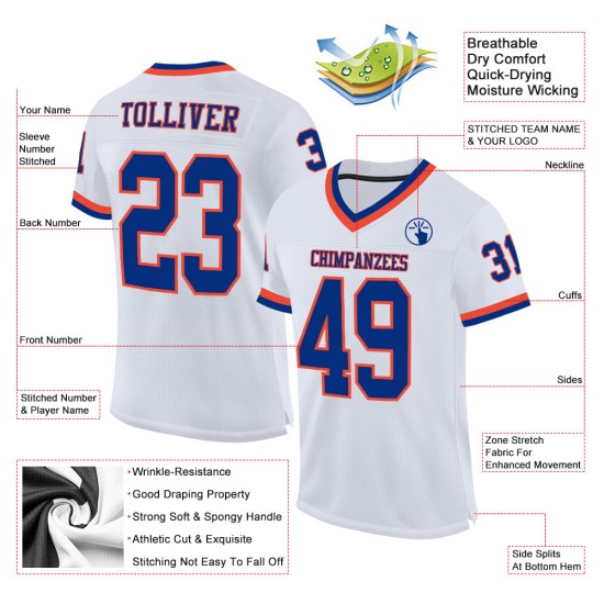 Maillot de football authentique blanc personnalisé rétro en maille bleu royal-orange Maillot de football authentique blanc personnalisé rétro en maille bleu royal-orange