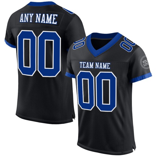 Maillot de football personnalisé en maille noire authentique, bleu royal et blanc Maillot de football personnalisé en maille noire authentique, bleu royal et blanc
