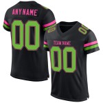 Maillot de football personnalisé néon vert-rose en maille noire authentique Maillot de football personnalisé néon vert-rose en maille noire authentique