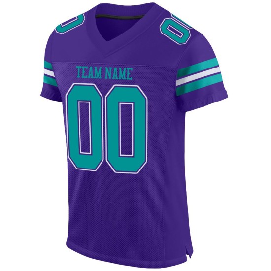 Maillot de football personnalisé authentique violet en maille Aqua-Blanc Maillot de football personnalisé authentique violet en maille Aqua-Blanc