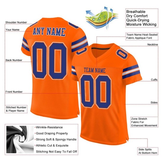 Maillot de football orange authentique personnalisé en maille bleu royal et blanc Maillot de football orange authentique personnalisé en maille bleu royal et blanc