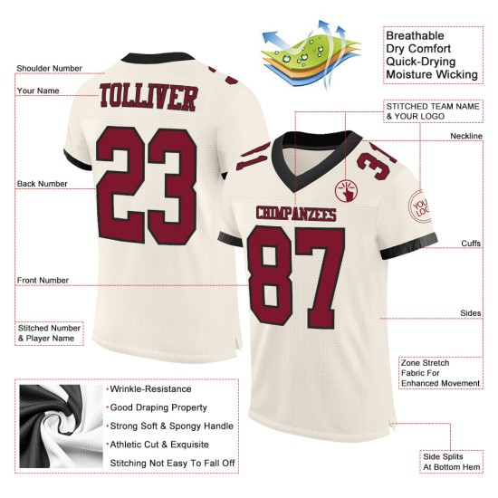 Maillot de football authentique en maille crème personnalisé cramoisi-noir Maillot de football authentique en maille crème personnalisé cramoisi-noir