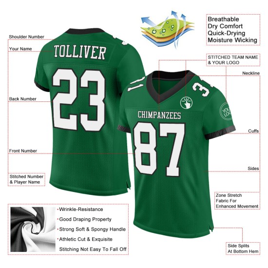 Maillot de football Kelly personnalisé en maille verte authentique blanc-noir Maillot de football Kelly personnalisé en maille verte authentique blanc-noir