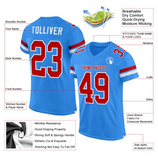 Maillot de football personnalisé bleu en maille authentique, rouge et blanc poudre Maillot de football personnalisé bleu en maille authentique, rouge et blanc poudre