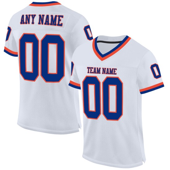 Maillot de football authentique blanc personnalisé rétro en maille bleu royal-orange Maillot de football authentique blanc personnalisé rétro en maille bleu royal-orange