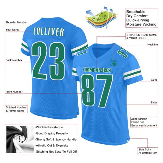 Maillot de football bleu personnalisé Kelly Mesh Vert poudre-Blanc Authentique Maillot de football bleu personnalisé Kelly Mesh Vert poudre-Blanc Authentique