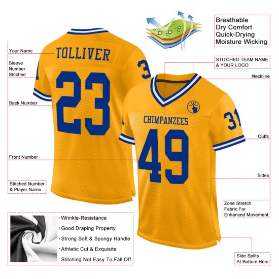 Maillot de football personnalisé authentique en maille Royal-White Gold Maillot de football personnalisé authentique en maille Royal-White Gold